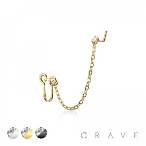 316L SURGICAL STEEL FAUX NOSE CUFF WITH CZ PRONG GEM NOSE CHAIN L-BEND STUD 