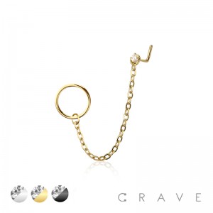  316L SURGICAL STEEL O-RING WITH CHAIN CZ PRONG NOSE L-STUD