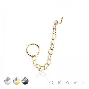  316L SURGICAL STEEL O-RING WITH HEART CHAIN CZ PRONG NOSE L-BEND STUD