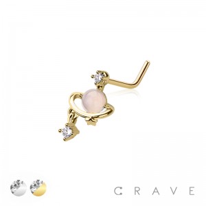 STAR PLANET WITH CZ PRONG PAVED GEM DANGLE 316L SURGICAL STEEL L-SHAPE NOSE STUD