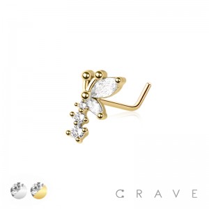 BUTTERFLY WITH CZ PRONG TRIPLE GEM 316L SURGICAL STEEL L-SHAPE NOSE STUD