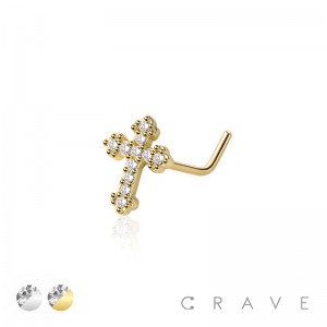 CZ GEM PAVED CROSS 316L SURGICAL STEEL L-SHAPE NOSE STUD