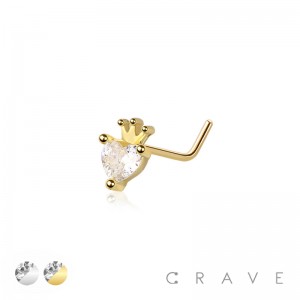 CZ GEM PAVED HEART WITH CROWN 316L SURGICAL STEEL L-SHAPE NOSE RING