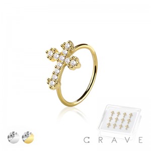 12PCS OF CZ GEM PAVED CROSS 316L SURGICAL STEEL O-RING NOSE HOOP BOX