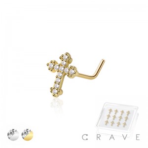 12PCS OF CZ GEM PAVED CROSS 316L SURGICAL STEEL L-SHAPE NOSE BOX