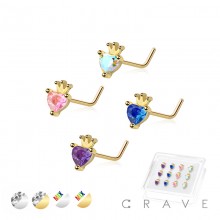 12PCS OF CZ GEM PAVED HEART WITH CROWN 316L SURGICAL STEEL L-SHAPE NOSE BOX