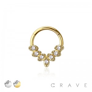 CZ 6 PRONGS PAVED V SHAPE 316L SURGICAL STEEL HINGED SEGMENT SEPTUM RING