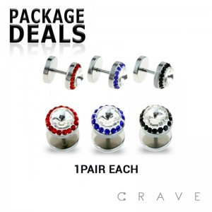 6PCS 316L SURGICAL STEEL FAKE PLUG W/ CONVEX SOLITAIRE GEM RIM