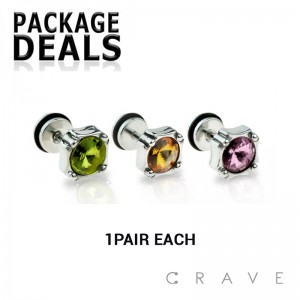 6PCS 316L SURGICAL STEEL FAKE PLUG W/ SOLITAIRE COLOR CZ GEM