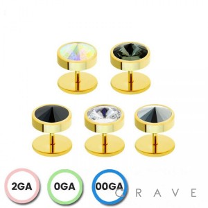 GOLD PLATED 2GA,00GA,0GA STEEL FAKE PLUG WITH SWAROVSKI GEM STONE