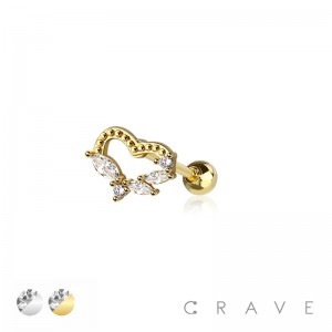 CZ PAVED HEART 316L SURGICAL STEEL CHAIN CARTILAGE BARBELL