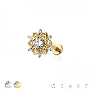 CZ PAVED FLOWER INTERNALLY THREADED 316L SURGICAL STEEL LABRET SET