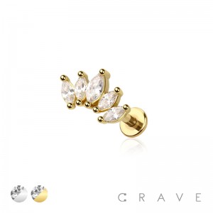 CZ PRONG PAVED GEM MARQUISE INTERNALLY THREADED 316L SURGICAL STEEL LABRET SET