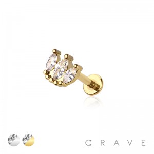 CZ PRONG PAVED GEM 3 MARQUISE INTERNALLY THREADED 316L SURGICAL STEEL LABRET SET