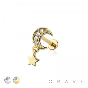 CZ PRONG PAVED CRESENT MOON GEM WITH DANGLE STAR 316L SURGICAL STEEL LABRET SET