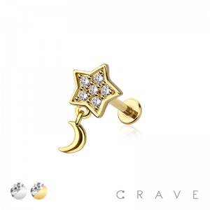 CZ PRONG PAVED STAR GEM WITH DANGLE CRESCENT MOON 316L SURGICAL STEEL LABRET SET