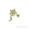 CZ PRONG PAVED STAR GEM WITH DANGLE CRESCENT MOON 316L SURGICAL STEEL LABRET