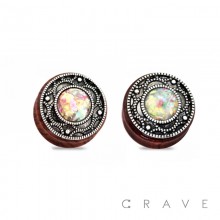 ANTIQUE SILVER FILIGREE TOP GLITTER OPAL CENTERED SONO WOOD DOUBLE FLARED TUNNELS