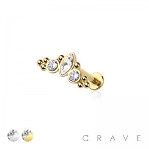 CZ PAVED TRIPLE GEM WITH CLUSTER 316L SURGICAL STEEL LABRET SET