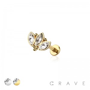CZ PAVED TRIPLE MARQUISE GEM WITH CLUSTER INTERNALLY THREADED 316L SURGICAL STEEL LABRET SET