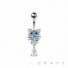 CAT WITH CZ GEM DANGLE 316L SURGICAL STEEL NAVEL BELLY RING