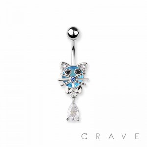 CAT WITH CZ GEM DANGLE 316L SURGICAL STEEL NAVEL BELLY RING