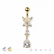 CZ BUTTERFLY WITH DANGEL 316L SURGICAL STEEL NAVEL BELLY RING