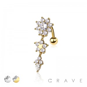 CZ FLOWER WITH CENTER STAR DANGLE 316L SURGICAL STEEL REVERSE NAVEL BELLY RING
