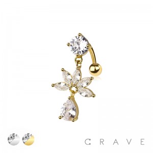 CZ 5 MARQUISE CROWN WITH DANGLE 316L SURGICAL STEEL REVERSE NAVEL RING