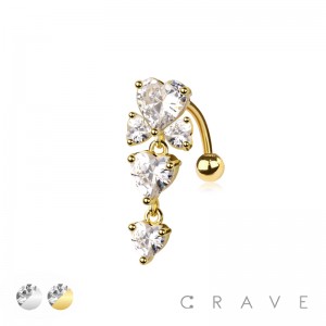CZ HEART RIBBON WITH DOUBLE DANGLE 316L SURGICAL STEEL REVERSE NAVEL RING