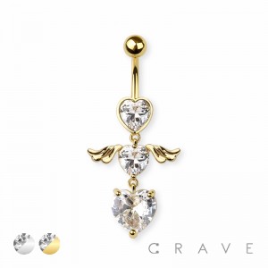 CZ GEM WITH ANGEL WINGS DANGLE 316L SURGICAL STEEL NAVEL RING