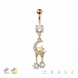 CZ CRESCENT MOON WITH 2 CHAINS DANGLE 316L SURGICAL STEEL NAVEL RING