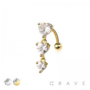 HEART CZ TRIPLE GEM DANGLE 316L SURGICAL STEEL REVERSE NAVEL RING