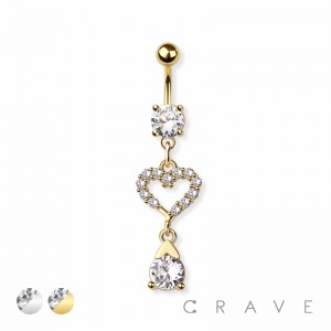 CZ HEART WITH DANGLE 316L SURGICAL STEEL NAVEL RING