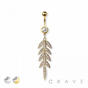 CZ PAVED LEAF DANGLE 316L SURGICAL STEEL NAVEL RING