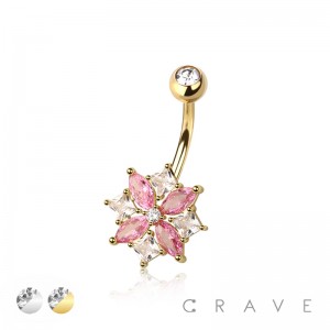 PINK CLEAR CZ GEM START BURST 316L SURGICAL STEEL NAVEL BELLY RING