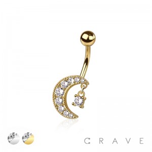 CZ CRESCENT MOON WITH CENTER DANGLE GEM 316L SURGICAL STEEL NON DANGLE BELLY RING