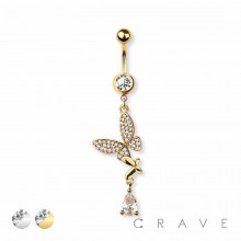 CZ PAVED BUTTERFLY WITH DANGLE 316L SURGICAL STEEL NAVEL BELLY RING