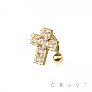 CZ PAVED CROSS 316L SURGICAL STEEL REVERSE NAVEL BELLY RING
