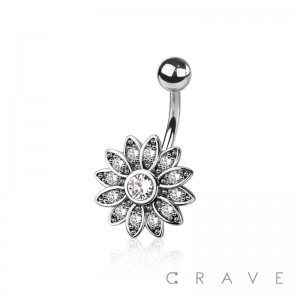 CZ PAVED SUNFLOWER 316L SURGICAL STEEL NAVEL NON DANGLE BELLY RING