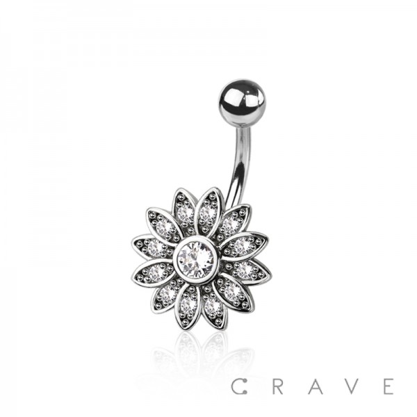 CZ PAVED SUNFLOWER 316L SURGICAL STEEL NAVEL BELLY RING