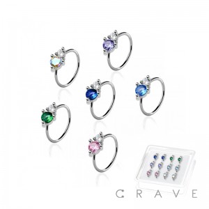 12 PCS OF TWO TONE DOUBLE PRONG CZ GEM TOP 316L SURGICAL STEEL NOSE O-RING HOOP