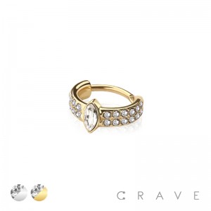 DOUBLE LINE CZ WITH MARQUISE CUT GEM 316L STAINLESS STEEL CLICKER HINGED SEGMENT RING