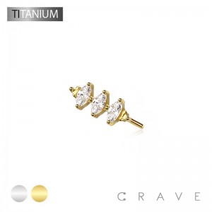 IMPLANT GRADE TITANIUM THREADLESS PUSH IN TRIPLE MARQUISE ROW LINE CZ TOP PART(TOP PART ONLY)