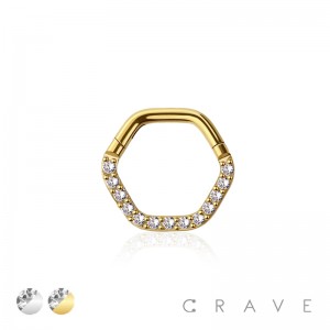 316L SURGICAL STEEL HINGED HEXAGON SEGMENT RING WITH FORWARD FACING CZ PRONG
