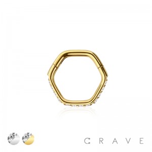 316L SURGICAL STEEL HINGED HEXAGON SEGMENT RING WITH SIDE FACING CZ PRONG