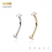 14K Gold INTERNALLY THREADED COLOR CZ PRONG SET EYEBROW/ CURVED BARBELL