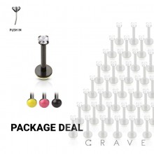 100 PCS PRONG-SET BLACK PVD PLATED THREADLESS PUSH-IN 316L SURGICAL STEEL LABRET WITH SOFT ENAMEL BACK