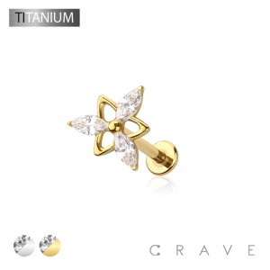 IMPLANT GRADE SOLID TITANIUM TRIPLE MARQUISE TRIANGLE CZ THREADLESS (PUSH IN) TOP LABRET SET