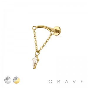 CURVED BAR DANGLE CLEAR MARQUISE CZ CHAIN THREADLESS (PUSH IN) TOP 316L SURGICAL STEEL LABRET SET